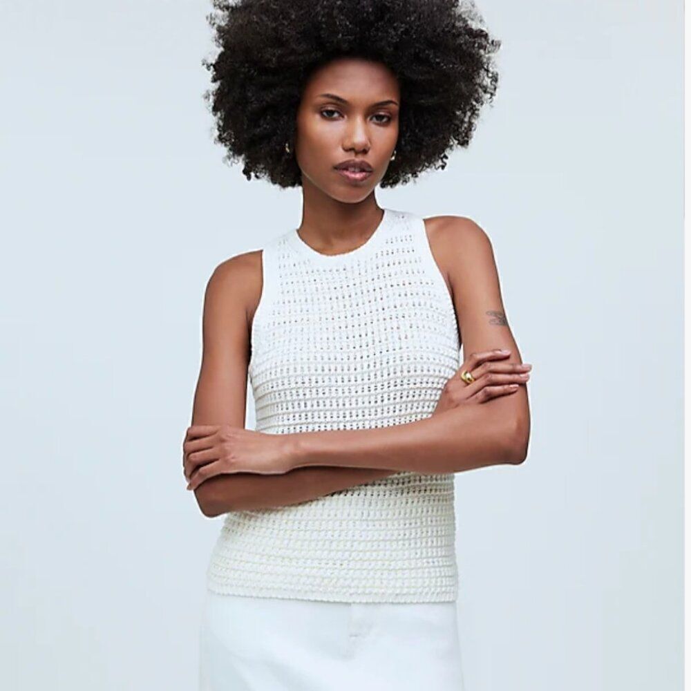 Madewell Crochet-Knit Crewneck Sweater Tank in Bright Ivory NWT size xs - Picture 7 of 11